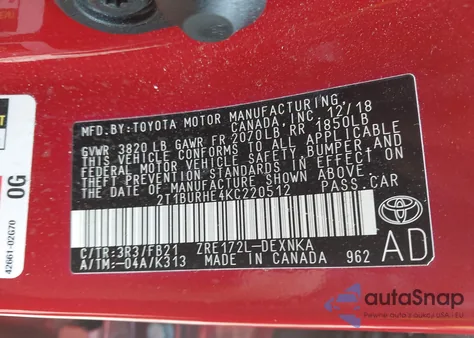 2019 Toyota Corolla Le z USA, uszkodzony, nr VIN 2T1BURHE4KC220512